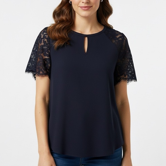Ann Taylor Tops - Ann Taylor Navy Lace Sleeve Blouse